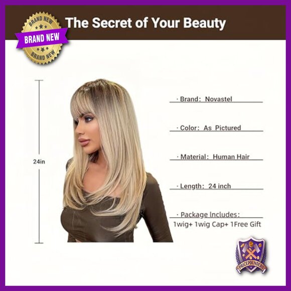 Human Hair Wig Layered Straight with Bangs Glueless Lightweight Daily Wear
